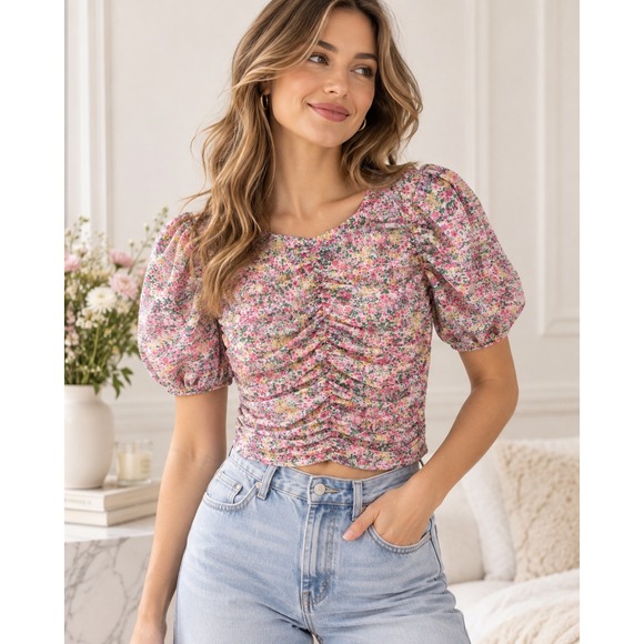 Mango Tops - MNG Mango Floral Ruched Puff Sleeve Top Pink Cottagecore Coquette M